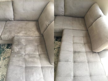 A reviewer's before and after photo of their couch which was once stained and splotched and is now free of marks after using the machine