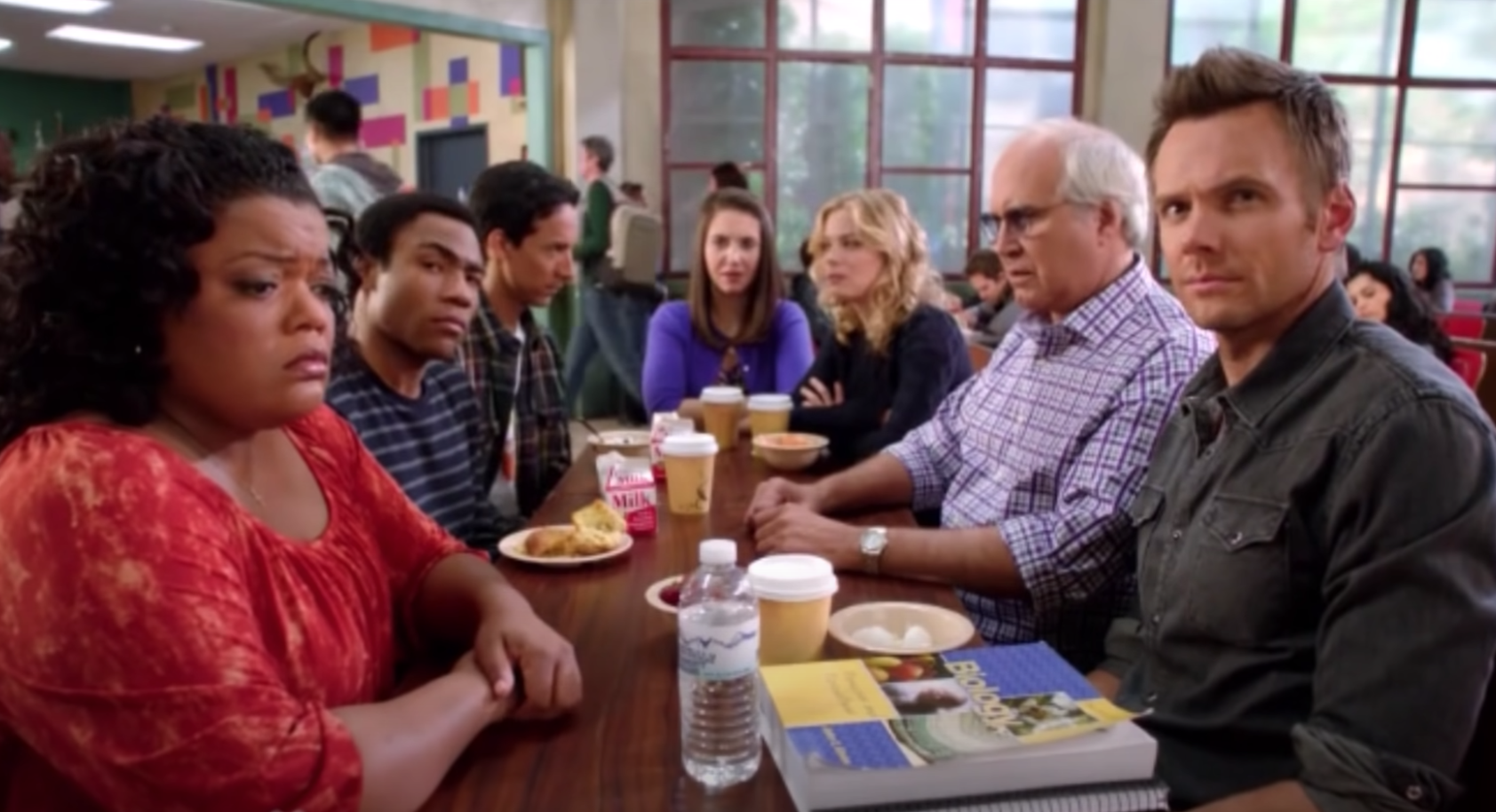 Characters in &quot;Community&quot; sitting and eating lunch 