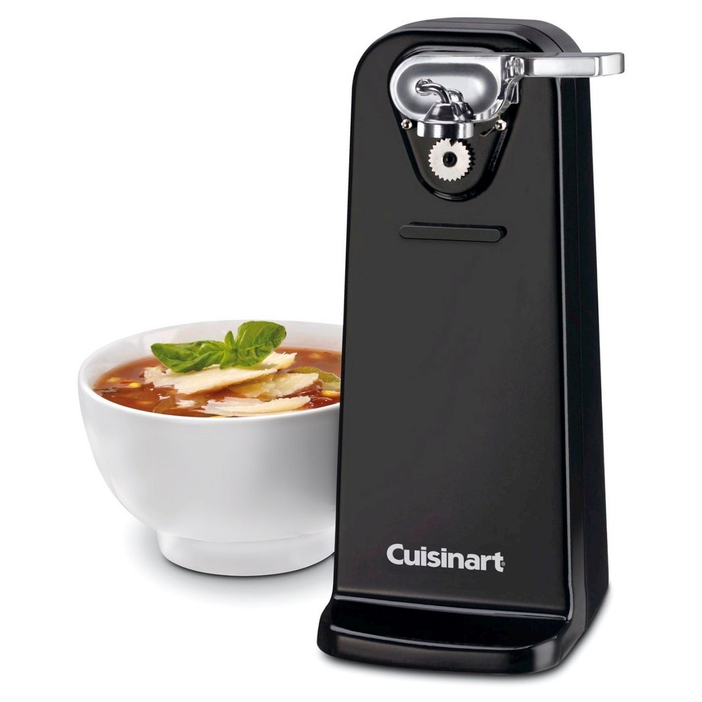 black cuisinart electric can opener with a bowl of soup next to it