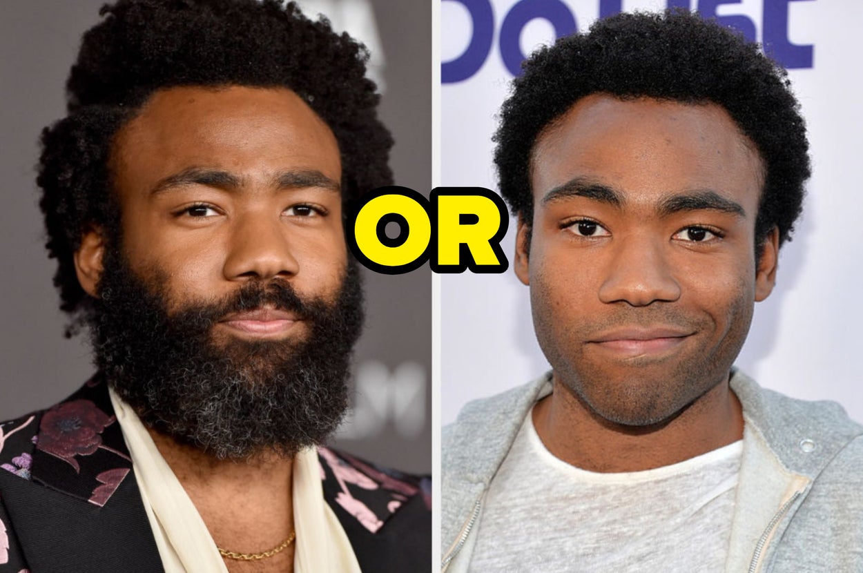 Side by side of Donald Glover with a thick beard and mustache next to clean shaven Donald Glover