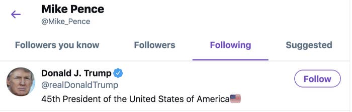 Screenshot shows Pence is following Trump on Twitter