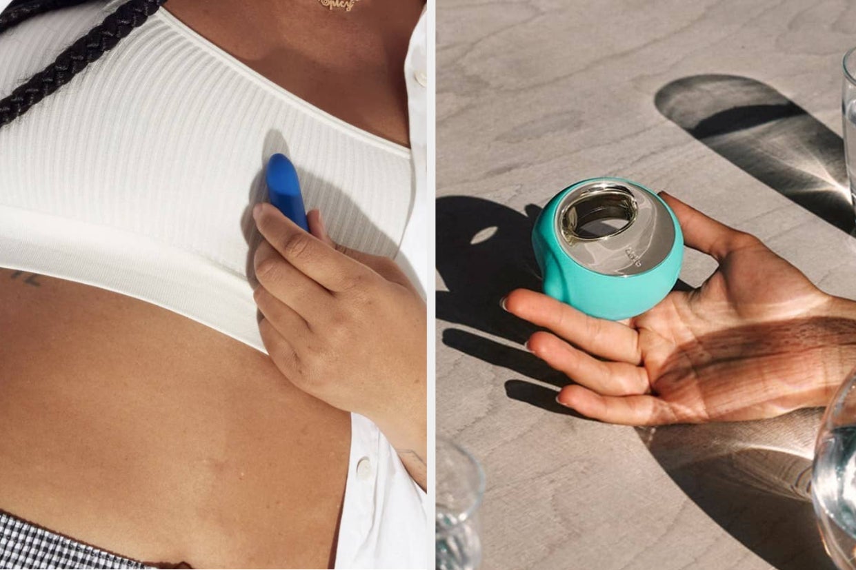 On the left, hand holds tiny blue vibrator on chest. On the right, hand holds light blue oral sex simulator