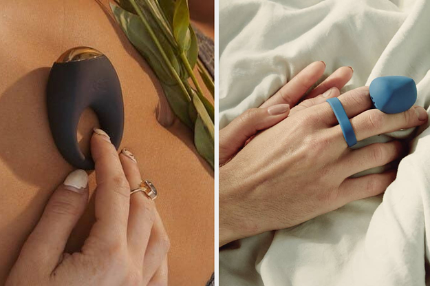 On the left, hand holds black vibrator ring against chest. On the right, blue finger vibe on hands