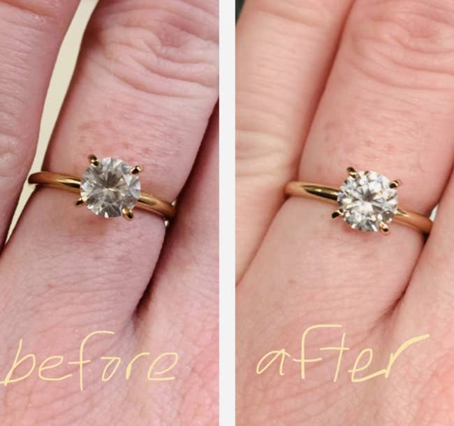 on the left, the diamond on a reviewer's ring looking fogged up, and on the right, the same diamond now looking shiny and new