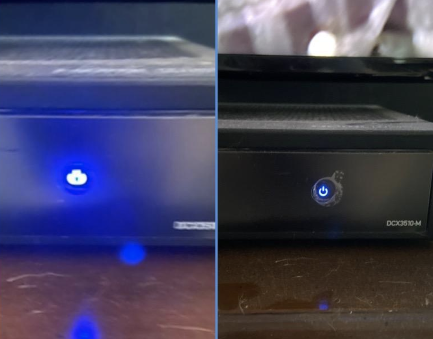 on the left, a reviewer&#x27;s device with a bright blue light, and on the right, the same device with the light less bright with the sticker over it