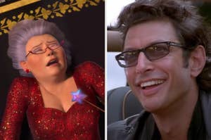 Side-by-side images of the Fairy Godmother from "Shrek 2" and Ian Malcolm from "Jurassic Park"
