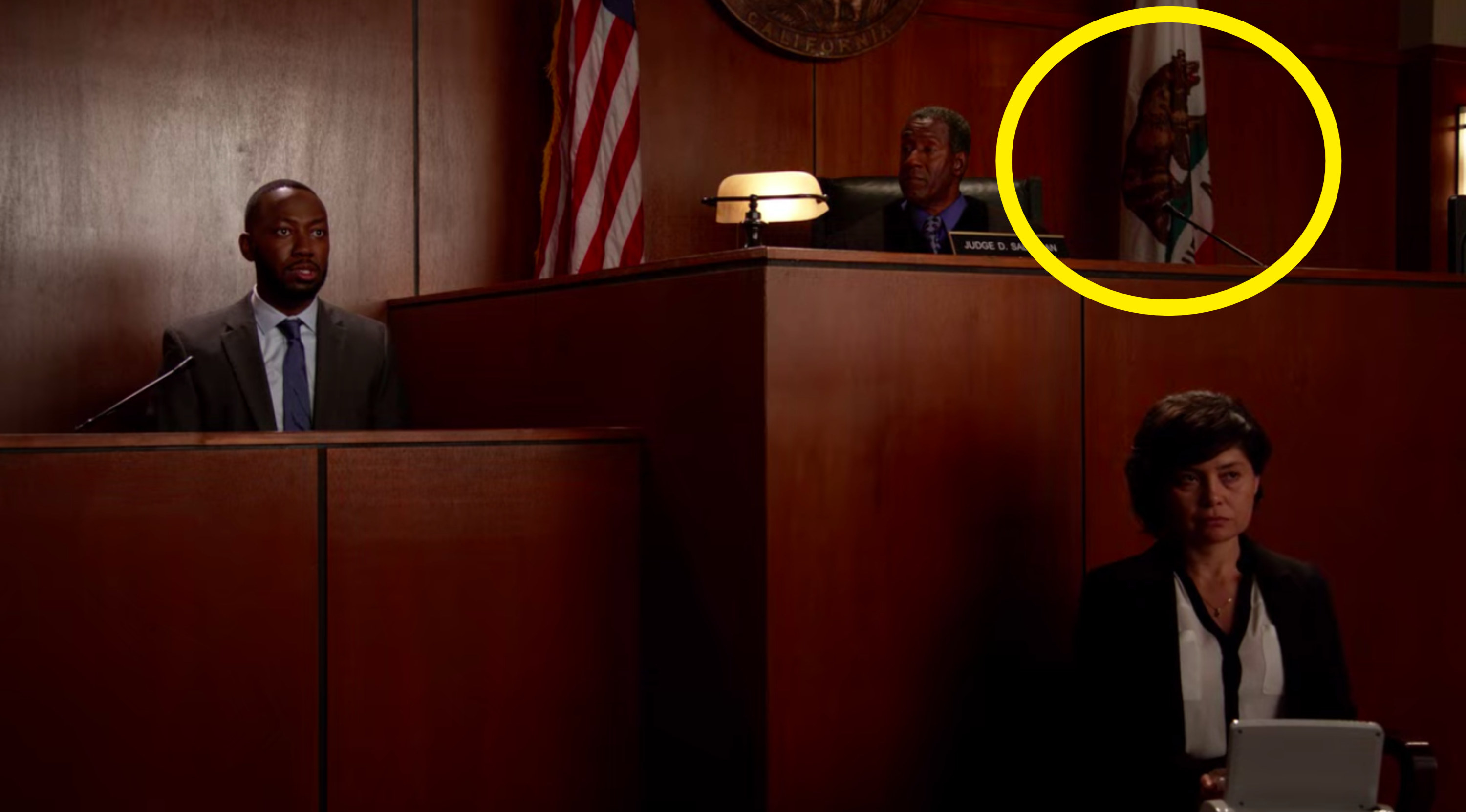 The California state flag, which has a bear on it, is in a court room