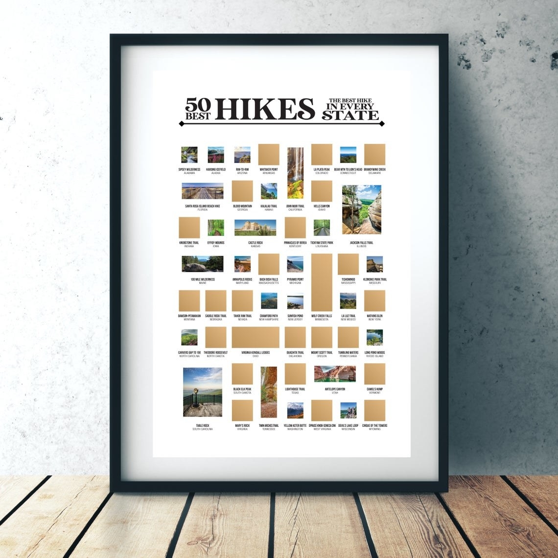 Color poster with gold scratch off material hiding images of one hike from each state