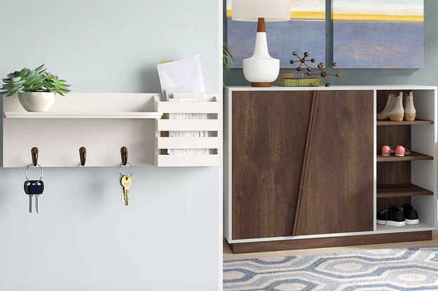 On the left, white key rack hanging on wall. On right, dark brown cabinet with shoe shelves