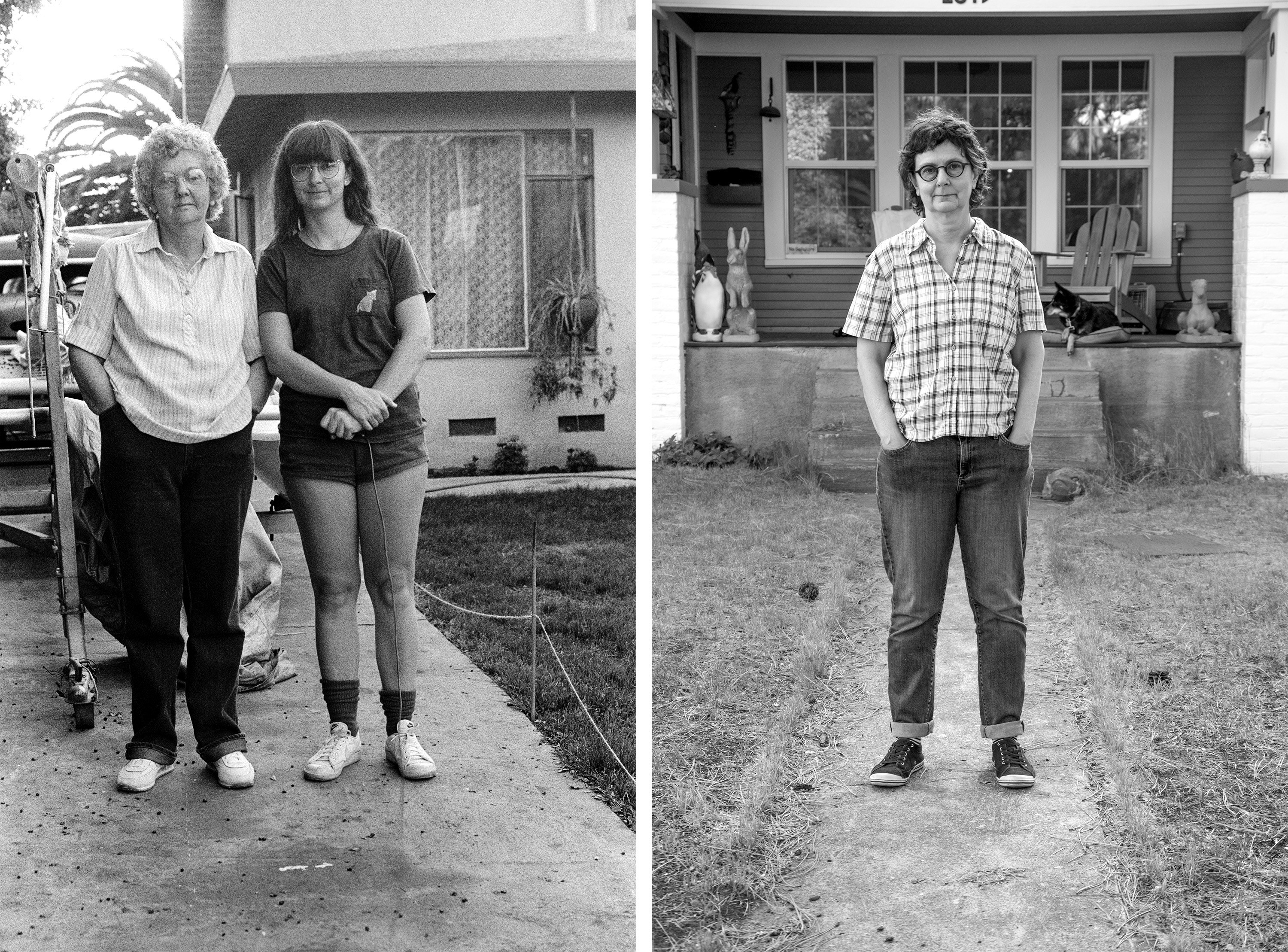 Two images side by side of a woman taken thirty years apart; on the left she is with her mother and on the right she is alone