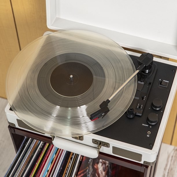White record player with clear vinyl playing