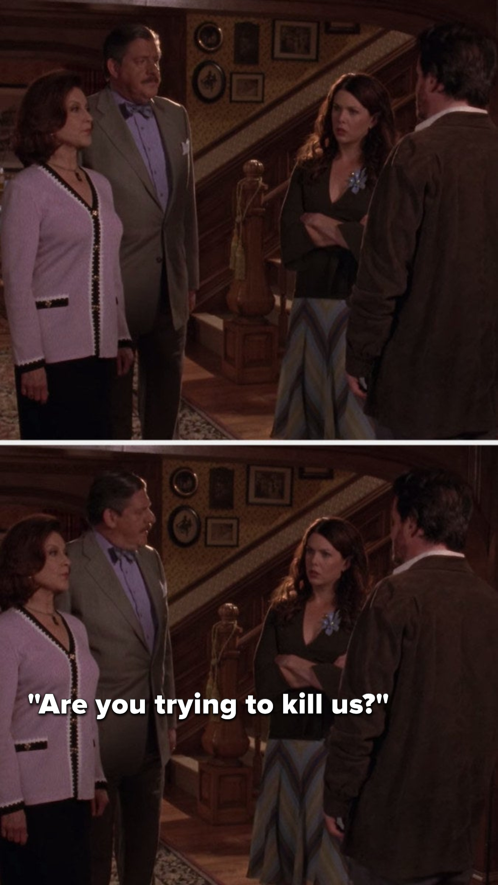 Emily and Richard stare at Jason, and then Richard turns to Lorelai and says, &quot;Are you trying to kill us&quot;