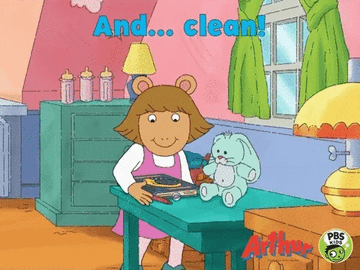 DW from Arthur pushing her toys off the table and onto the floor with the caption &quot;And...clean!&quot;
