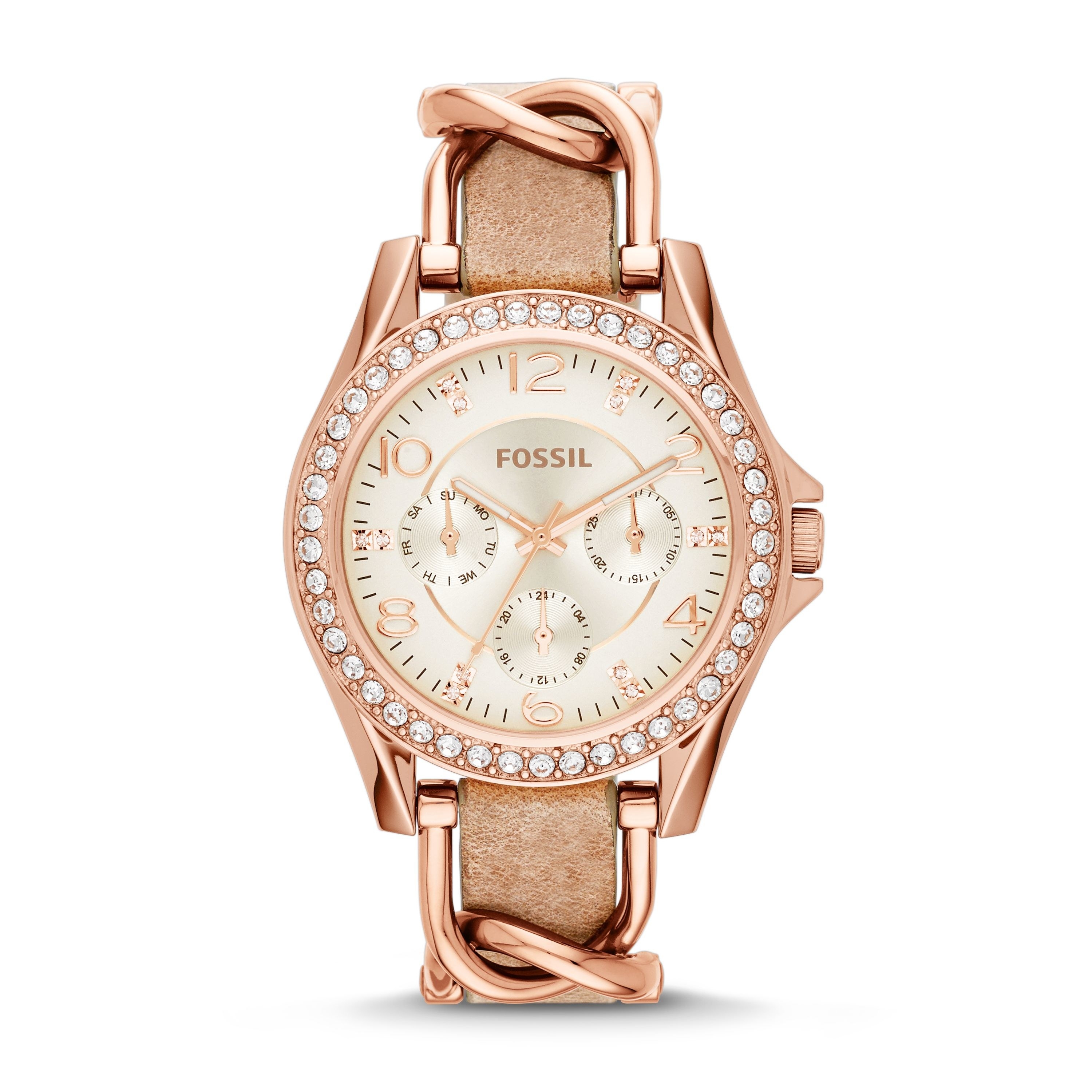 rose gold fossil watch with a skinny leather band