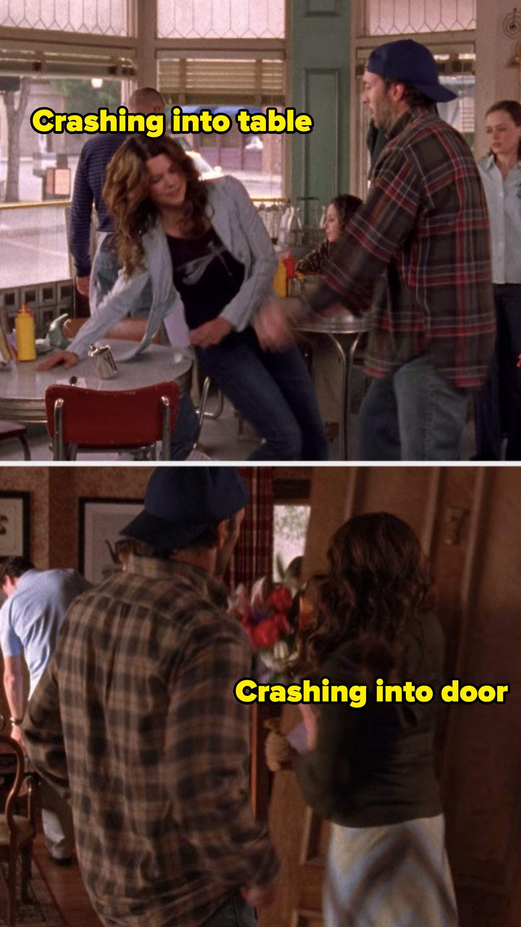 Lorelai crashing into a table in Luke&#x27;s Diner and crashing into a door in the Dragonfly