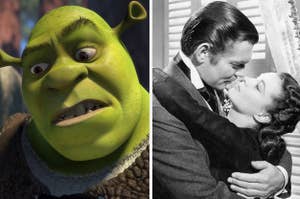Shrek looking contemplative and a scene from Gone With the Wind