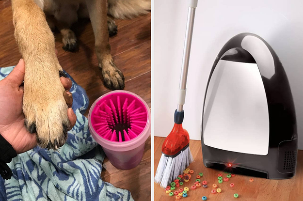 A reviewer cleaning their dog's paw and a black touchless vacuum
