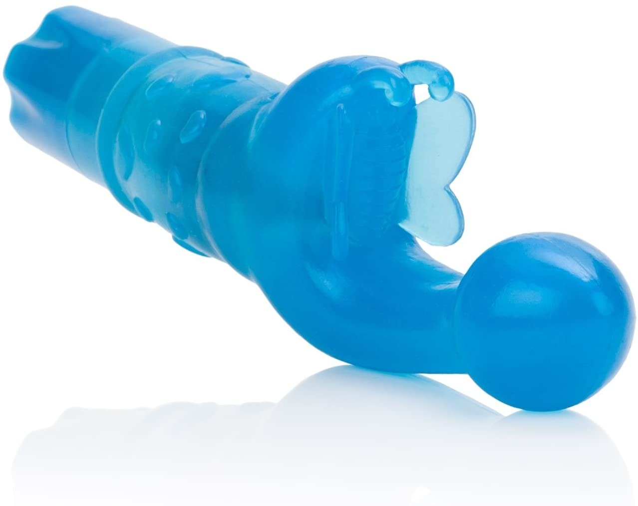 The blue toy with an insertable bulb and butterfly-shaped external stimulation part