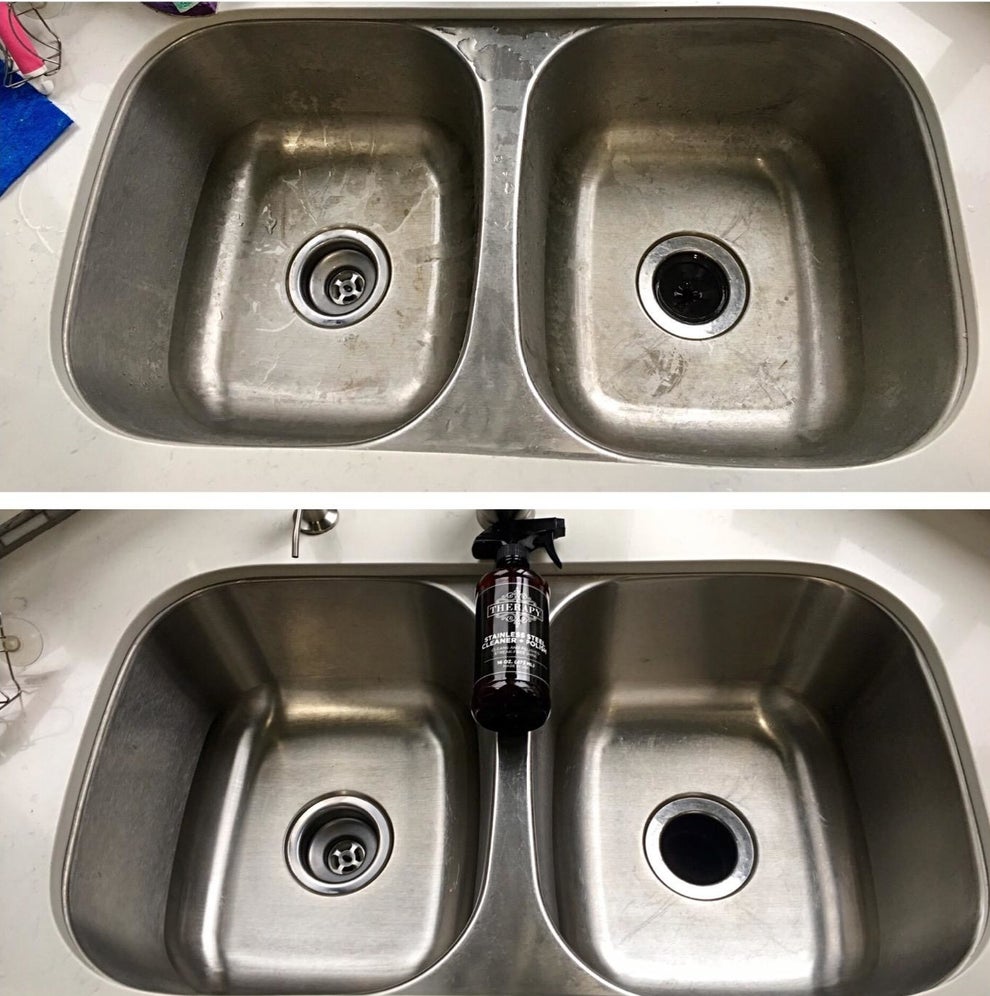 Reviewer before-and-after photo showing their stainless steel sink looking brand new after using stainless steel cleaner