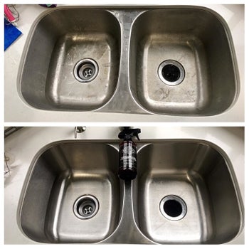 reviewer before-and-after photo showing their stainless steel sink looking brand new after using stainless steel cleaner 