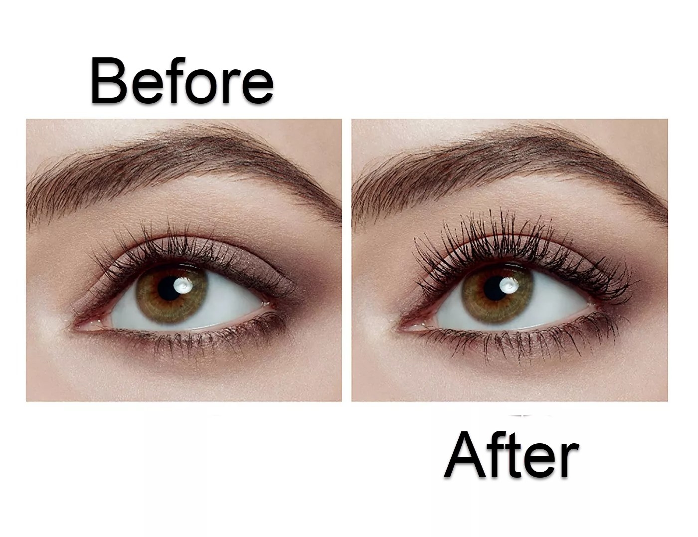 A split image of eyelashes before mascara use (left) and after mascara use (right)