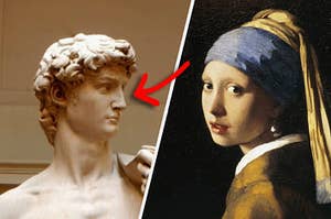 The statue of David next to the painting of the woman with the pearl earring