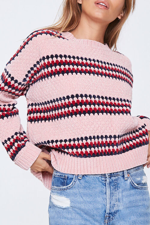 Model in striped chenille sweater 