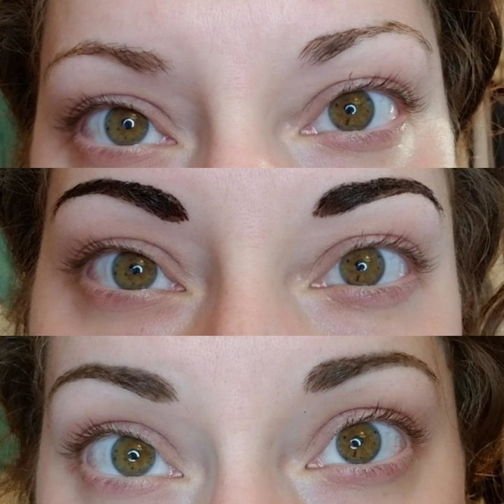 Progression photo of reviewer before, during, and after application showing it looks natural and darkened their brows while adding fullness and shape