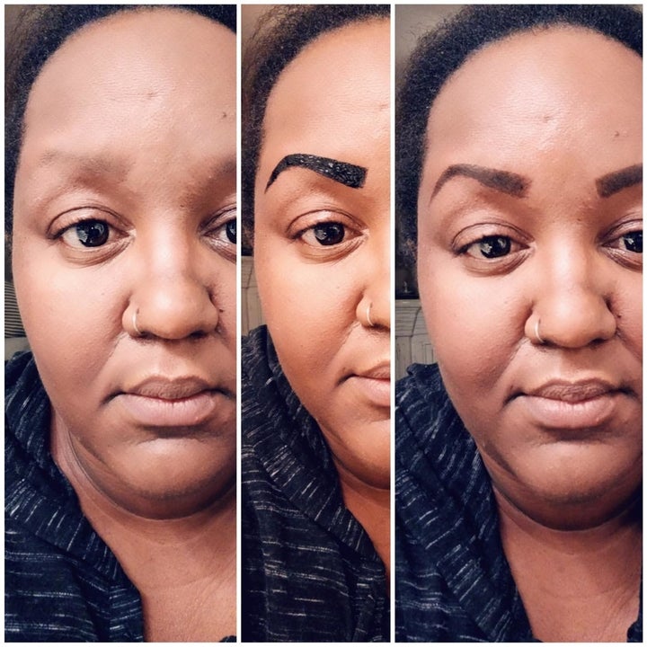 Reviewer with darker skin showing the application process and how it made their barely visible brows look defined