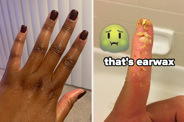 L: reviewer showing off their at-home mani R: Reviewer showing off all the wax they removed from their ear