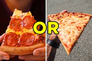 On the left, someone holding a slice of pepperoni pizza, and on the right, a slice of cheese pizza with "or" typed in between the two images