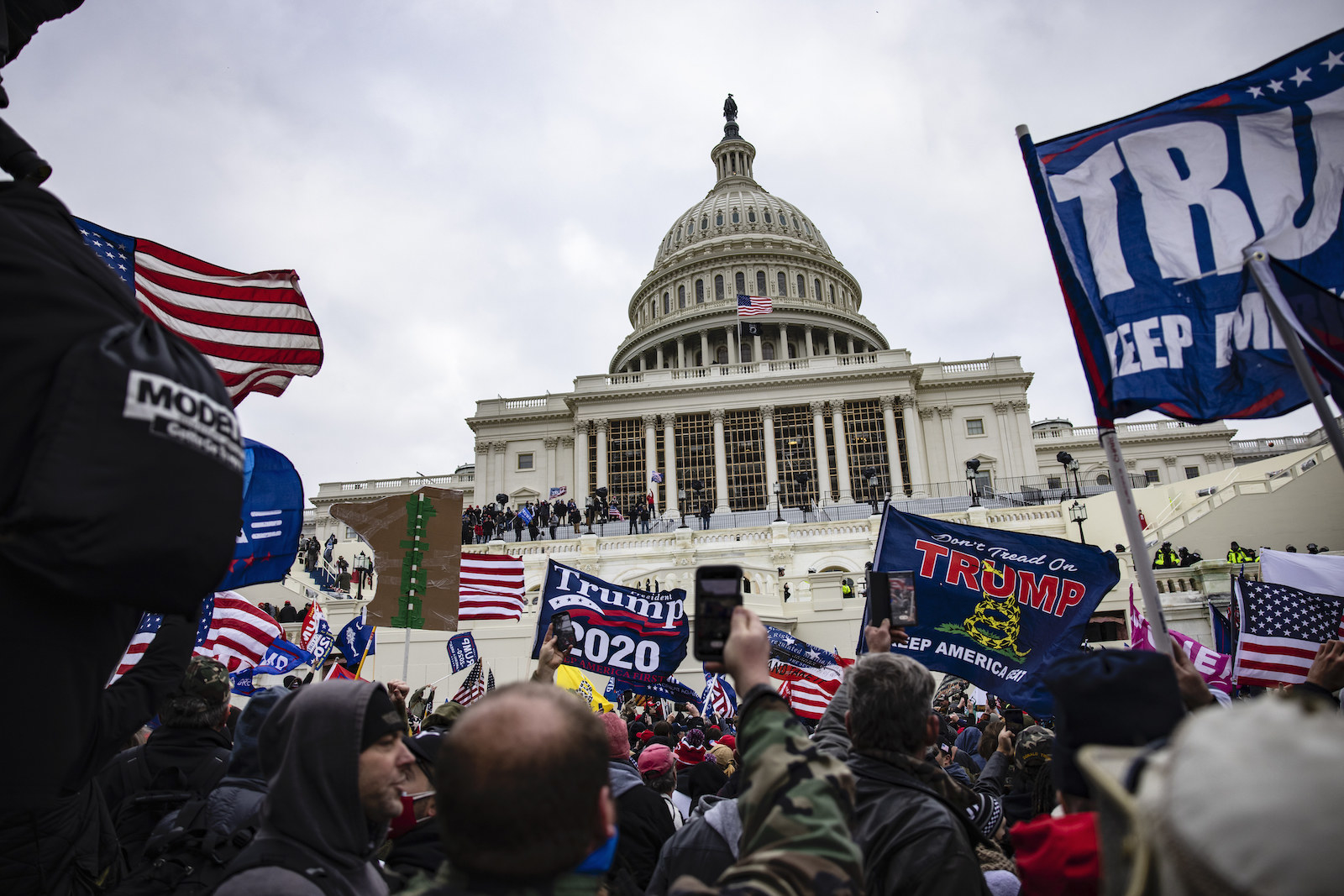 A crowd of people carry flags that say &quot;Trump 2020,&quot; &quot;Don&#x27;t Tread on Me,&quot; and &quot;Keep America Great,&quot; among other signs outside the steps of the US Capitol building