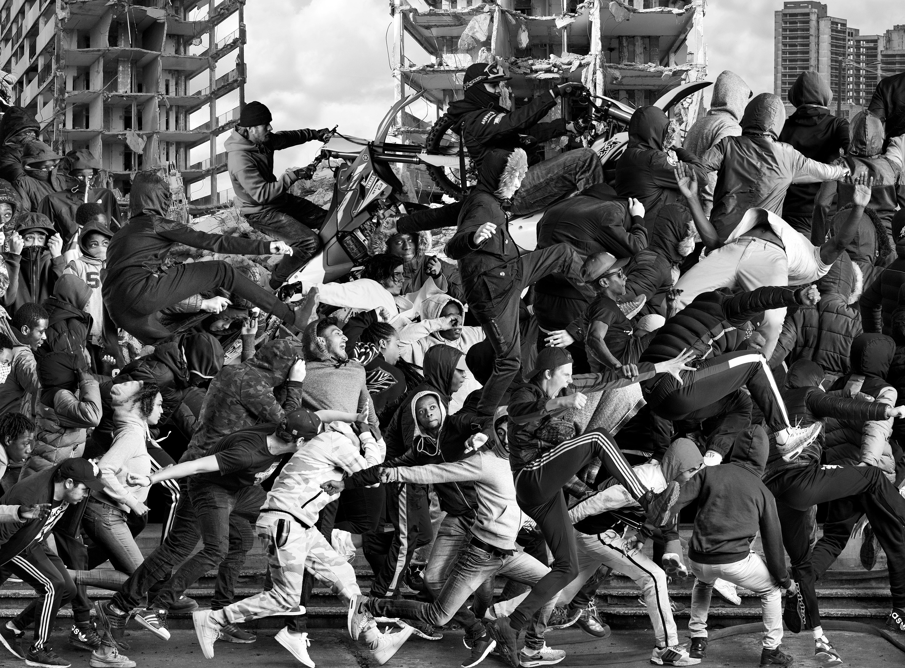 A multilayered collage of lots of young men in tracksuits running together and on top of each other