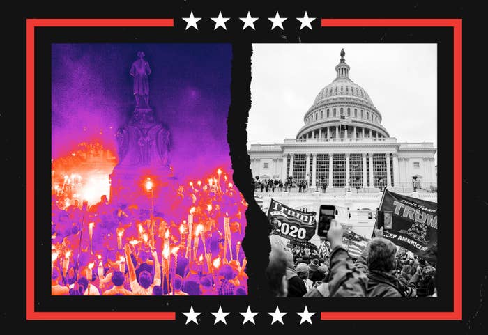 Left: White supremacists carry tiki torches by a statue of Robert E Lee in Charlottesville in 2017; right: Trump supporters outside the Capitol