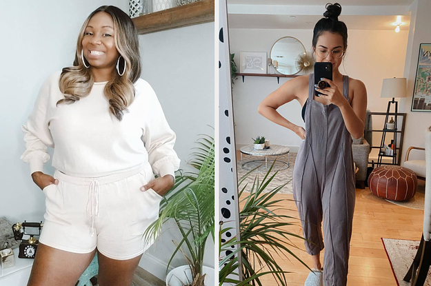 (left) long-sleeved and short set in white (right) overall jumpsuit in grey