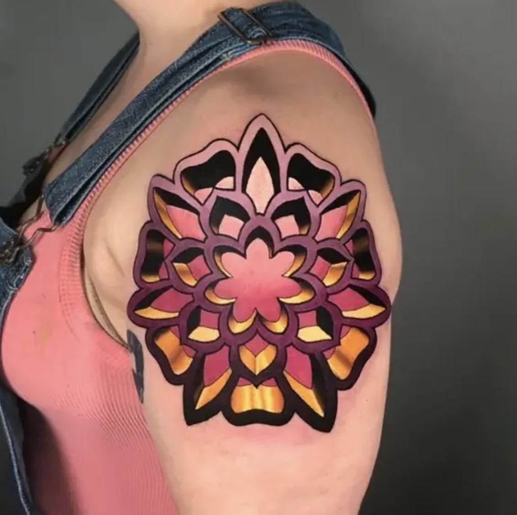 A 3-D tattoo of a pink design