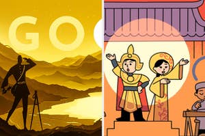 Side-by-side images of a Google doodle on a sunset and incorporated into a stage show