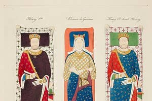 Three tomb drawings, colorfully rendered, Henry II, Eleanor of Aquitaine and then a second drawing of Henry II