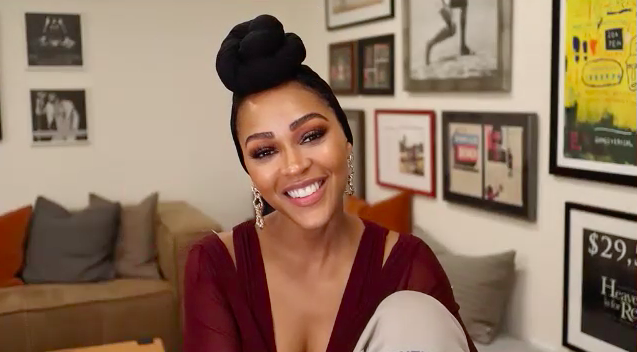 Meagan Good smiling during a BuzzFeed Celeb interview