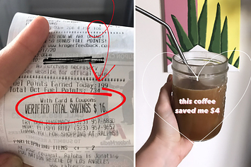 (left) A grocery receipt with the total savings of $16 circled in red; (right) a hand holds a mason jar of coffee with text "this coffee saved me $4"