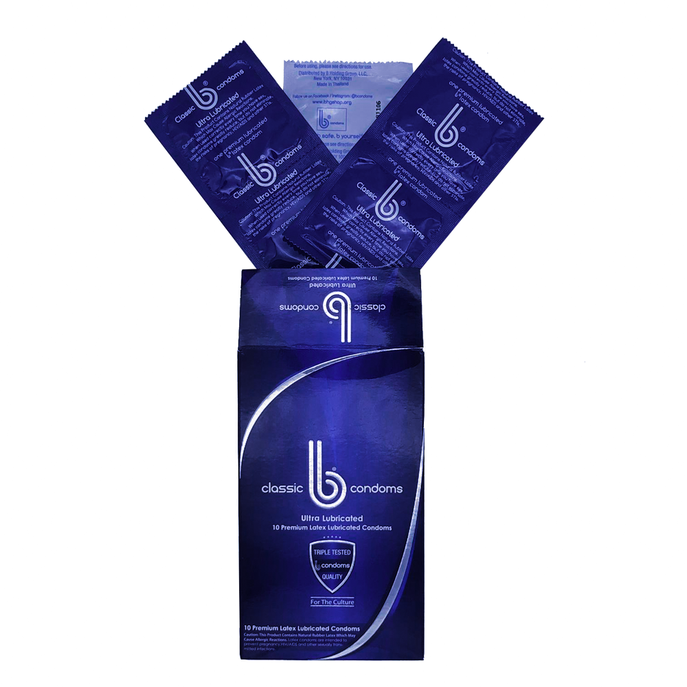 blue box of condoms with two packages sticking out