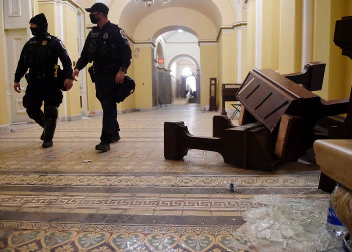  Damage is seen inside the US Capitol building early on January 7, 2021 in Washington, DC, after supporters of US President Donald Trump breeched security and entered the building during a session of Congress