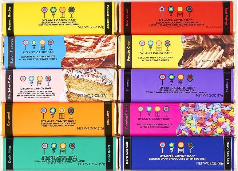 Multiple chocloate bars in multi-colored wrappers