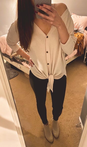 Amazon reviewer wearing white waffle-knit tie-knot tunic