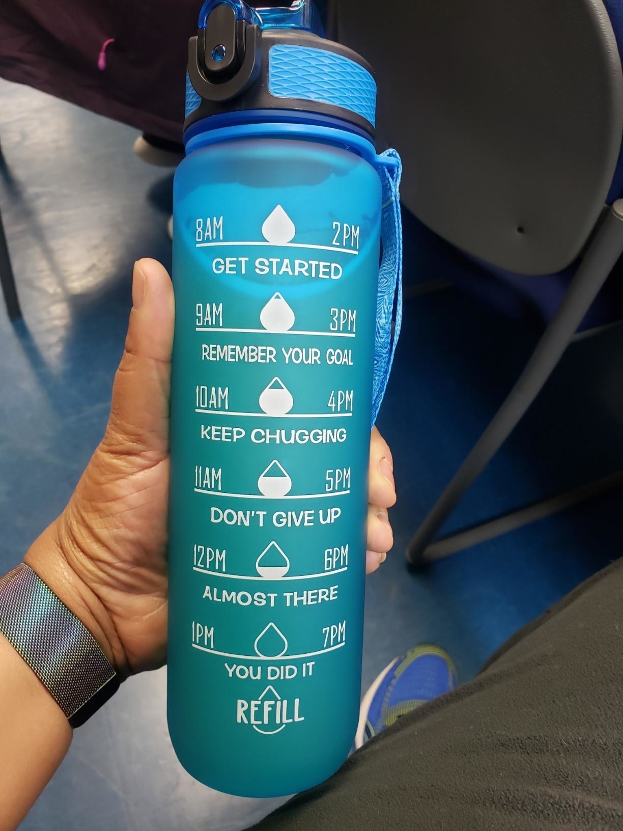 Reviewer holding time marked water bottle