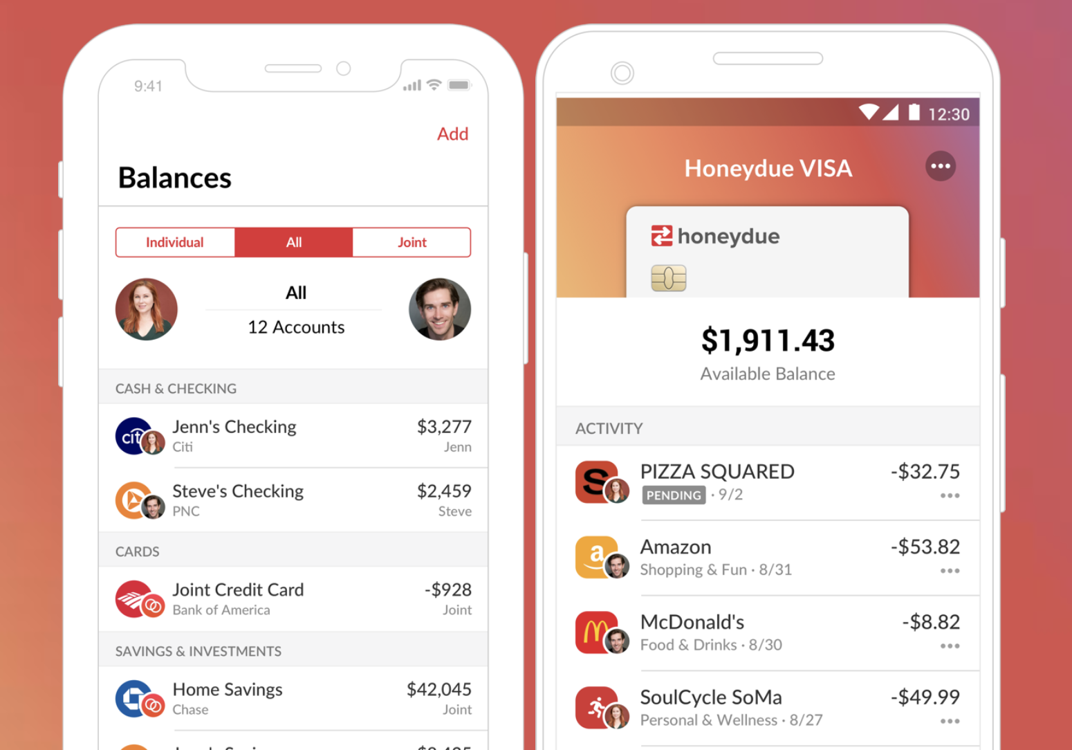 Screenshots of the app showing personal and joint accounts