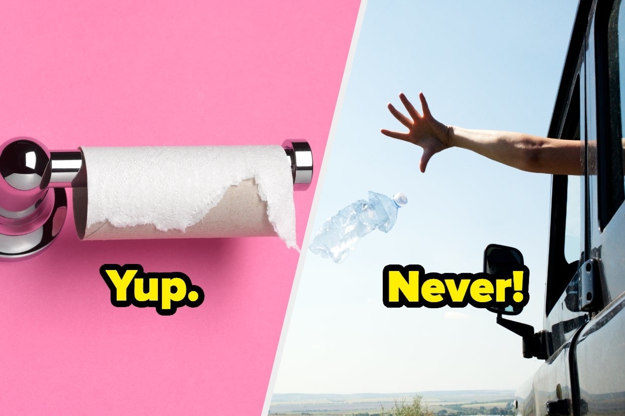 "yup" under an empty toilet paper roll and "never" over someone littering