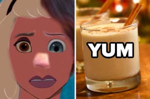 Disney princess with many different features and eggnog with the word "yum"