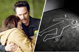 Charlie Swan carrying a dead body next to a chalk outline