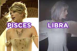On the left, Taylor Swift in the "Love Story" music video labeled "Pisces," and on the right, Taylor Swift in the "Style" music video labeled "Libra"